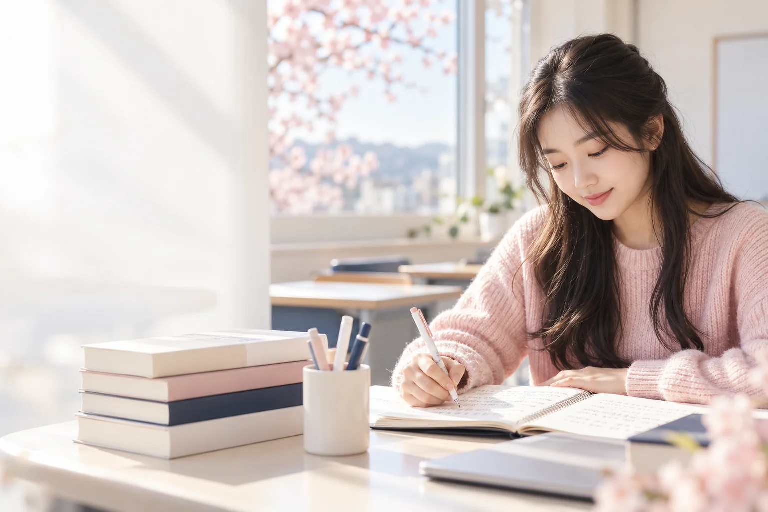 Student practising Korean writing with books and a notebook in a bright study space