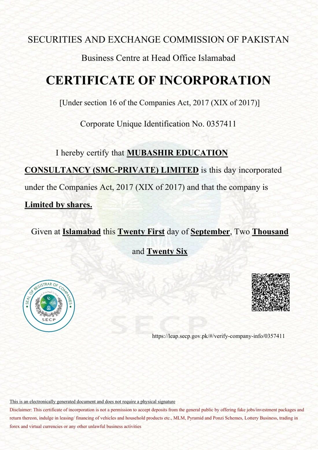 Certificate of Incorporation of Mubashir Education Consultancy (SMC-Private) Limited issued by the Securities and Exchange Commission of Pakistan