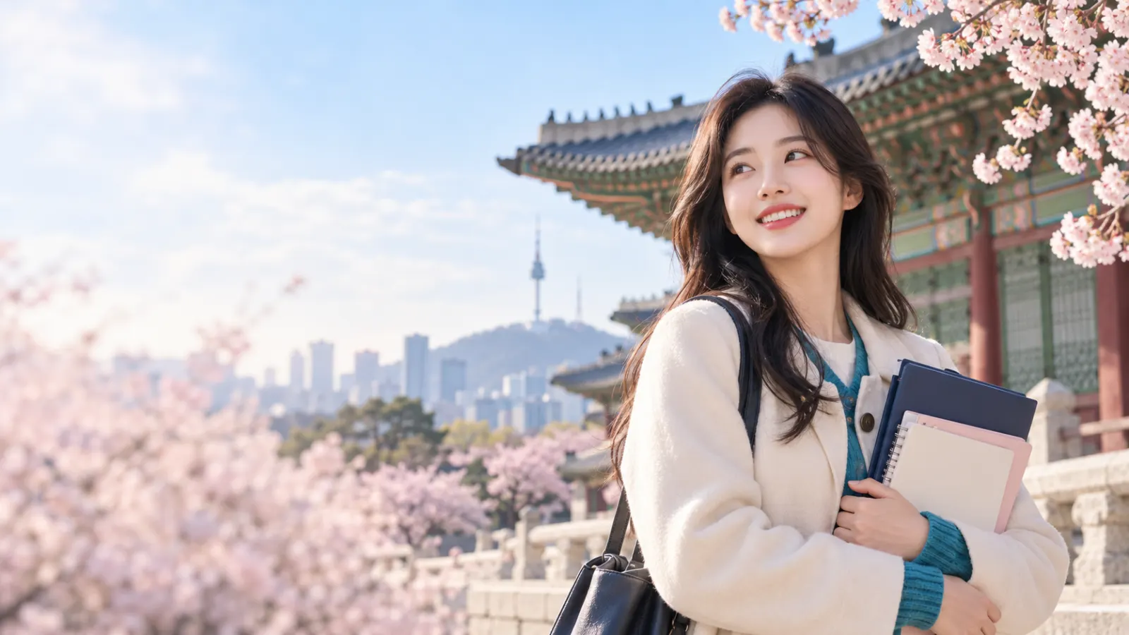 A student with her books beside Korean architecture and cherry blossoms