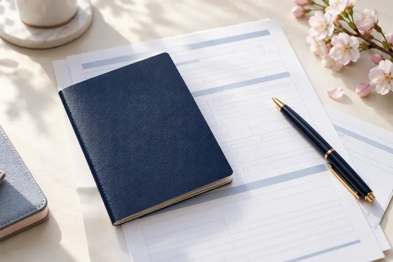 A plain passport booklet beside application paperwork and a pen