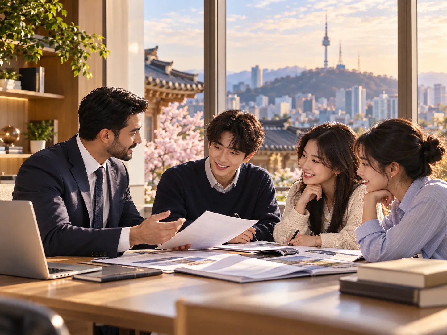 An education advisor reviewing application documents with students