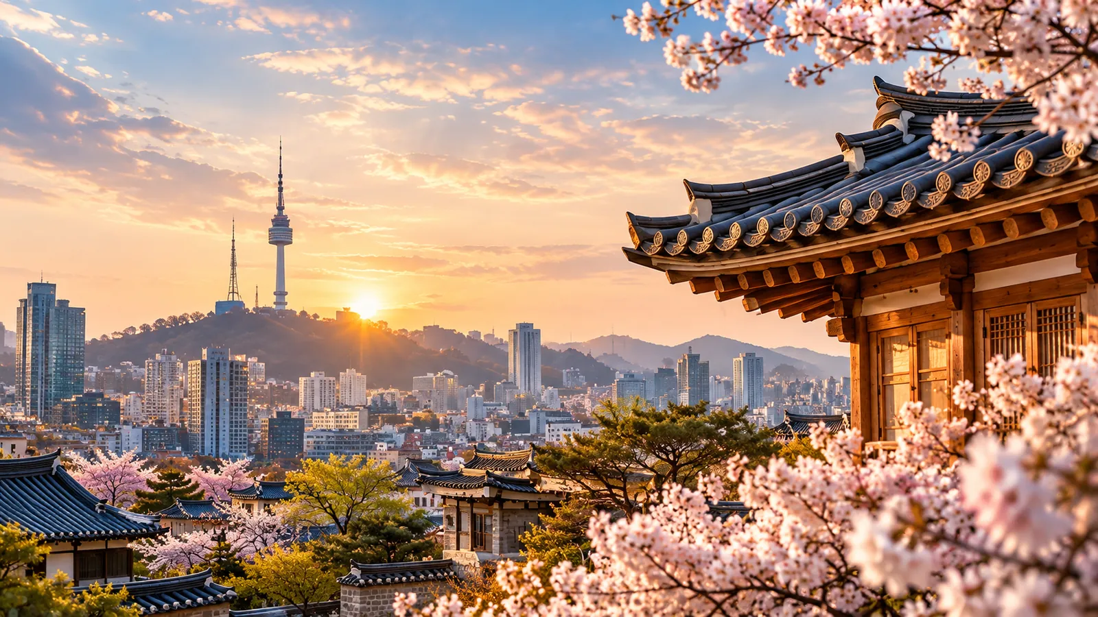 N Seoul Tower and the Seoul skyline at sunrise, with a traditional Korean pavilion and cherry blossoms