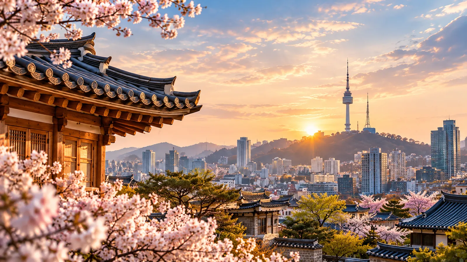 A traditional Korean pavilion and cherry blossoms overlooking Seoul and N Seoul Tower at sunset