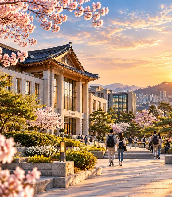 A Korean university building framed by cherry blossoms at sunset