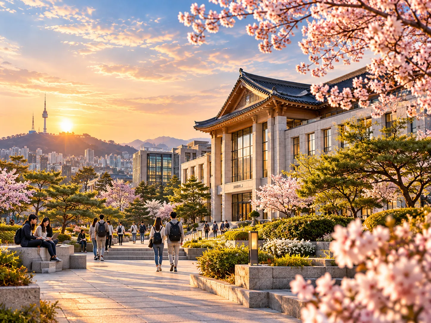 A Korean university building with a traditional tiled roof among cherry blossoms, with N Seoul Tower at sunset